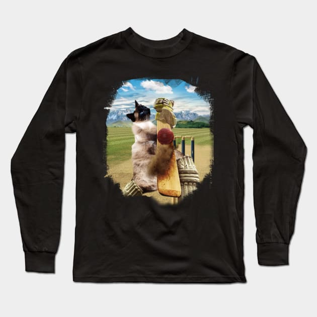 Siamese Cat Playing Cricket Long Sleeve T-Shirt by Random Galaxy